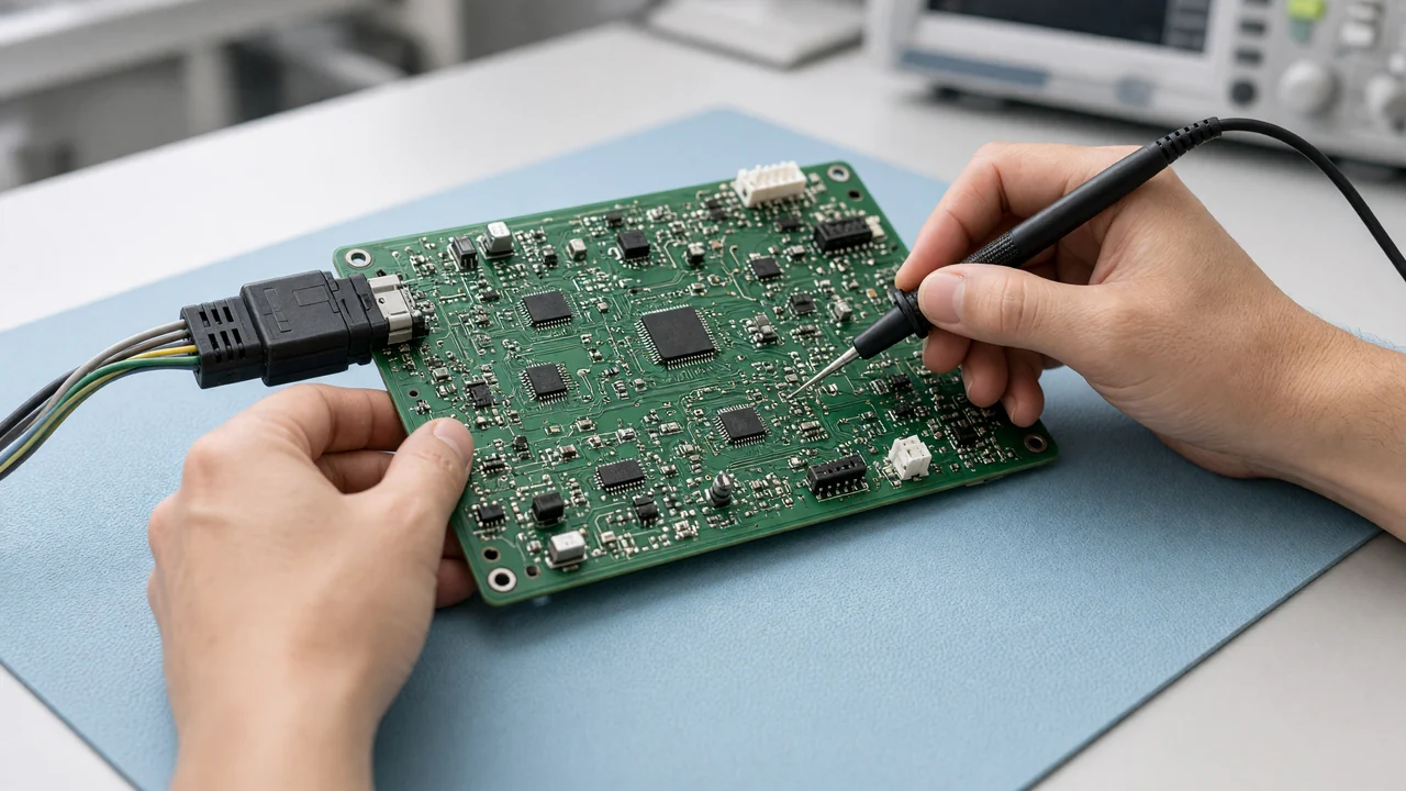 Illustration of vehicle-interface electronics on an engineering workbench