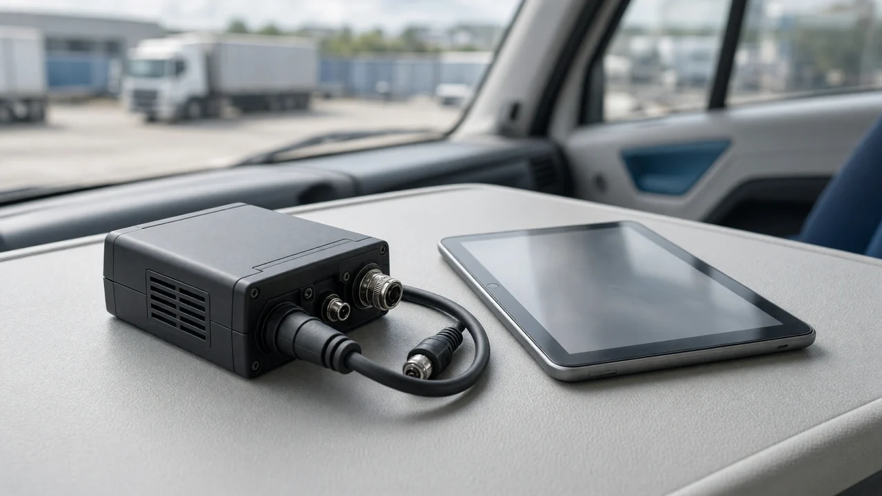 Illustration of an unbranded vehicle data logger and driver display